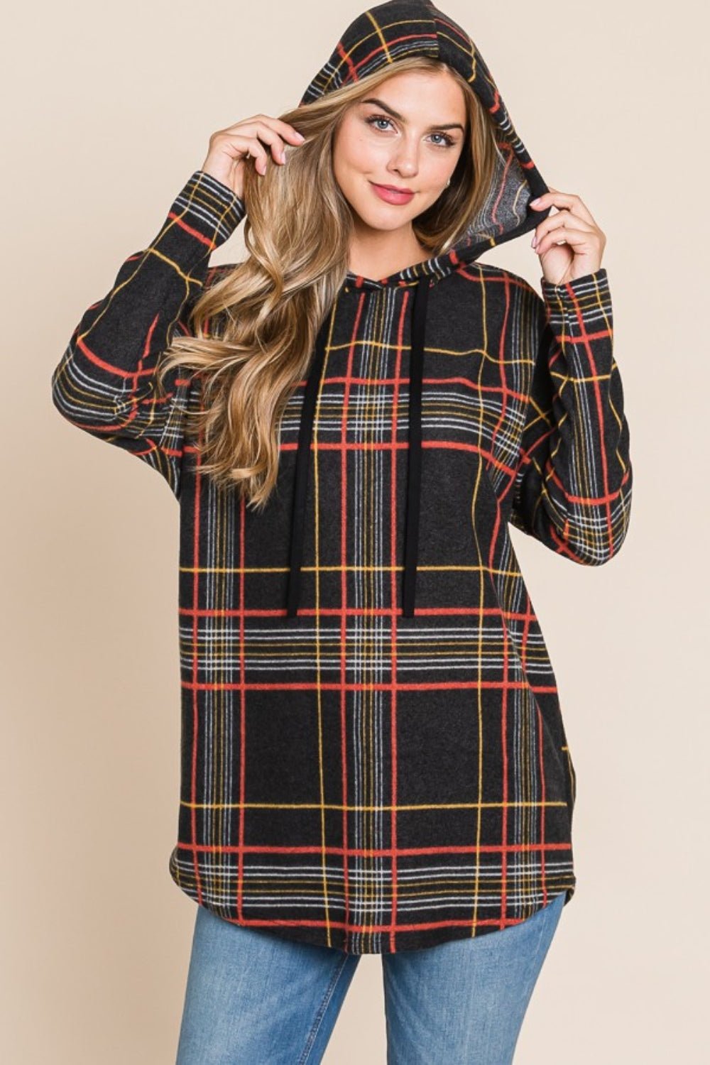 BOMBOM Drawstring Plaid Long Sleeve Hoodie - Runway Regalia