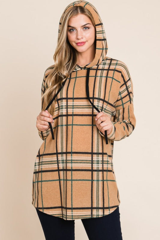 BOMBOM Drawstring Plaid Long Sleeve Hoodie - Runway Regalia