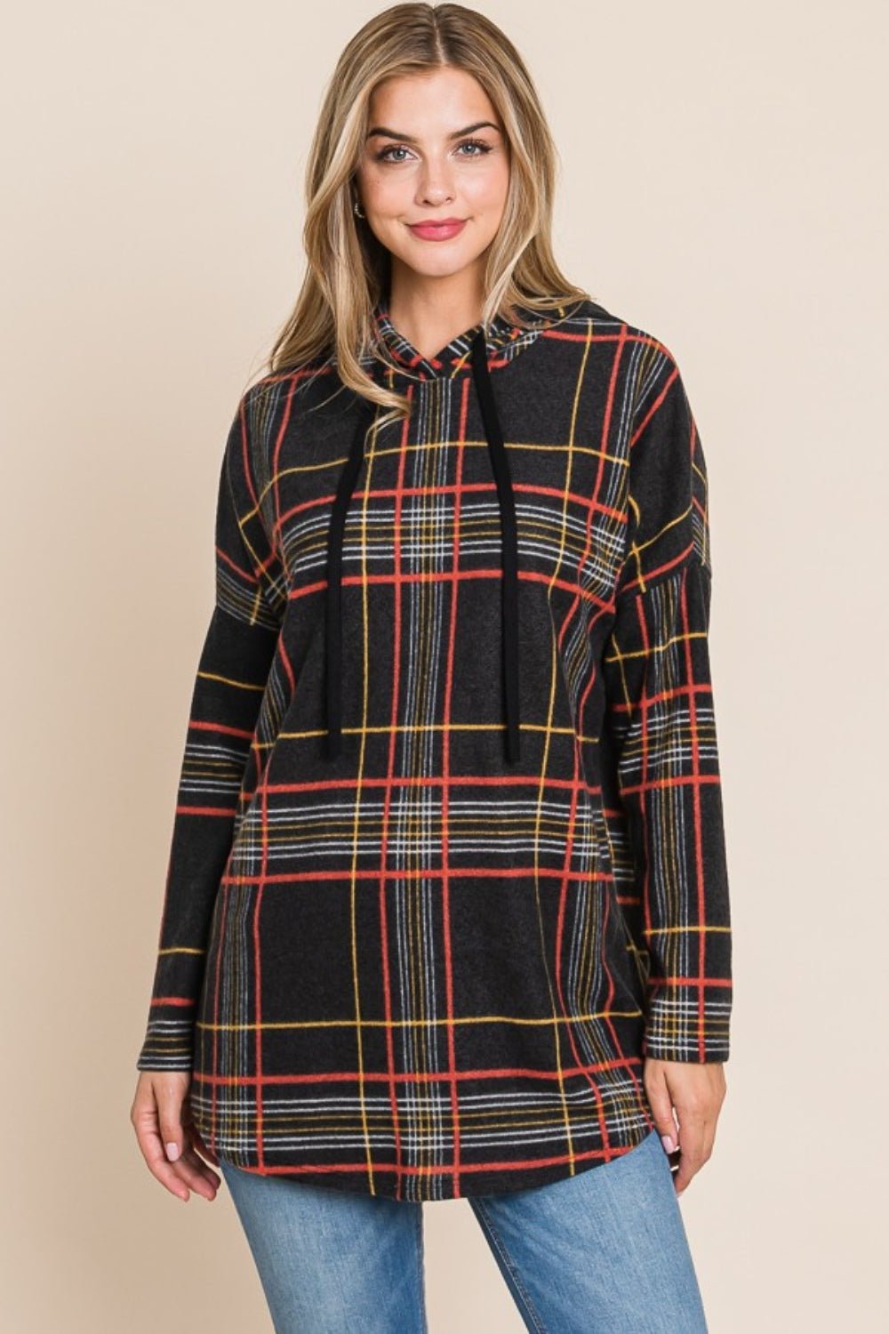 BOMBOM Drawstring Plaid Long Sleeve Hoodie - Runway Regalia