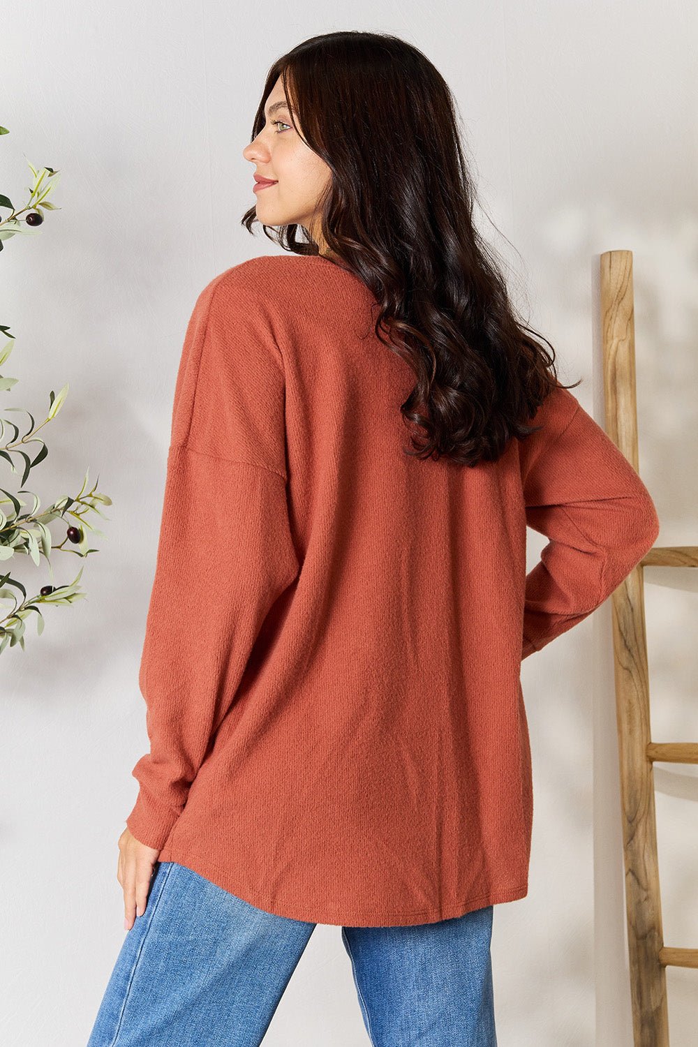 BOMBOM Drop Shoulder Long Sleeve Blouse with Pockets - Runway Regalia