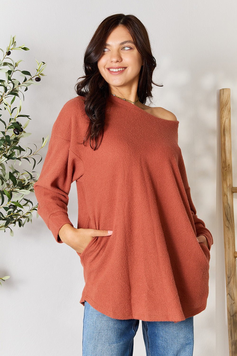 BOMBOM Drop Shoulder Long Sleeve Blouse with Pockets - Runway Regalia