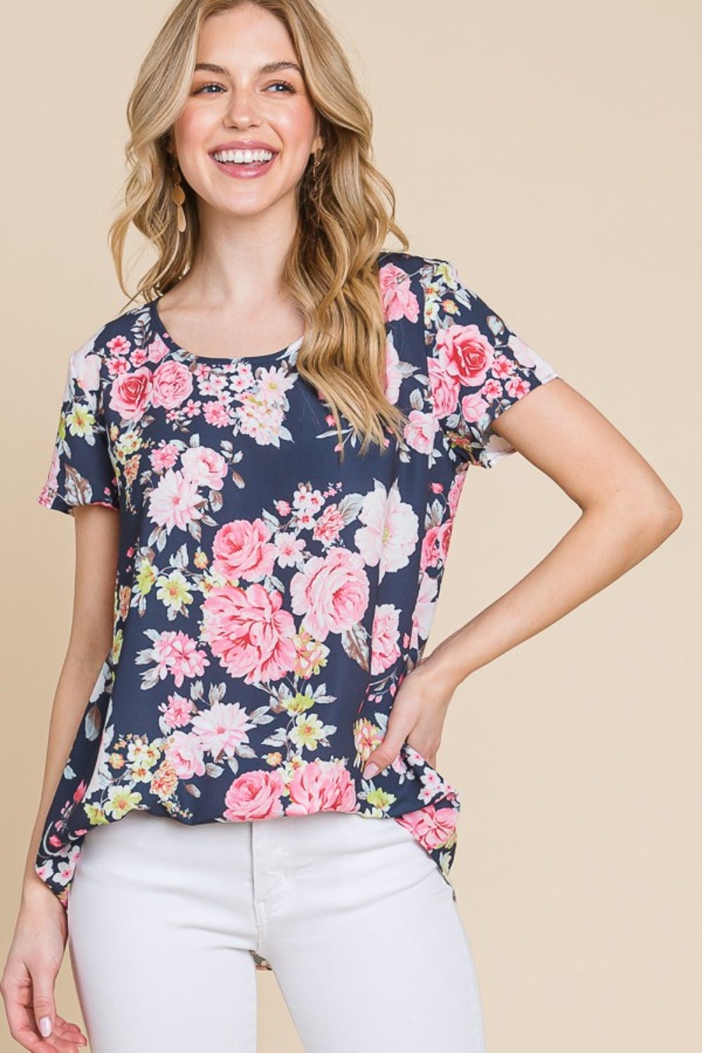 BOMBOM Floral Round Neck Short Sleeve T-Shirt - Runway Regalia