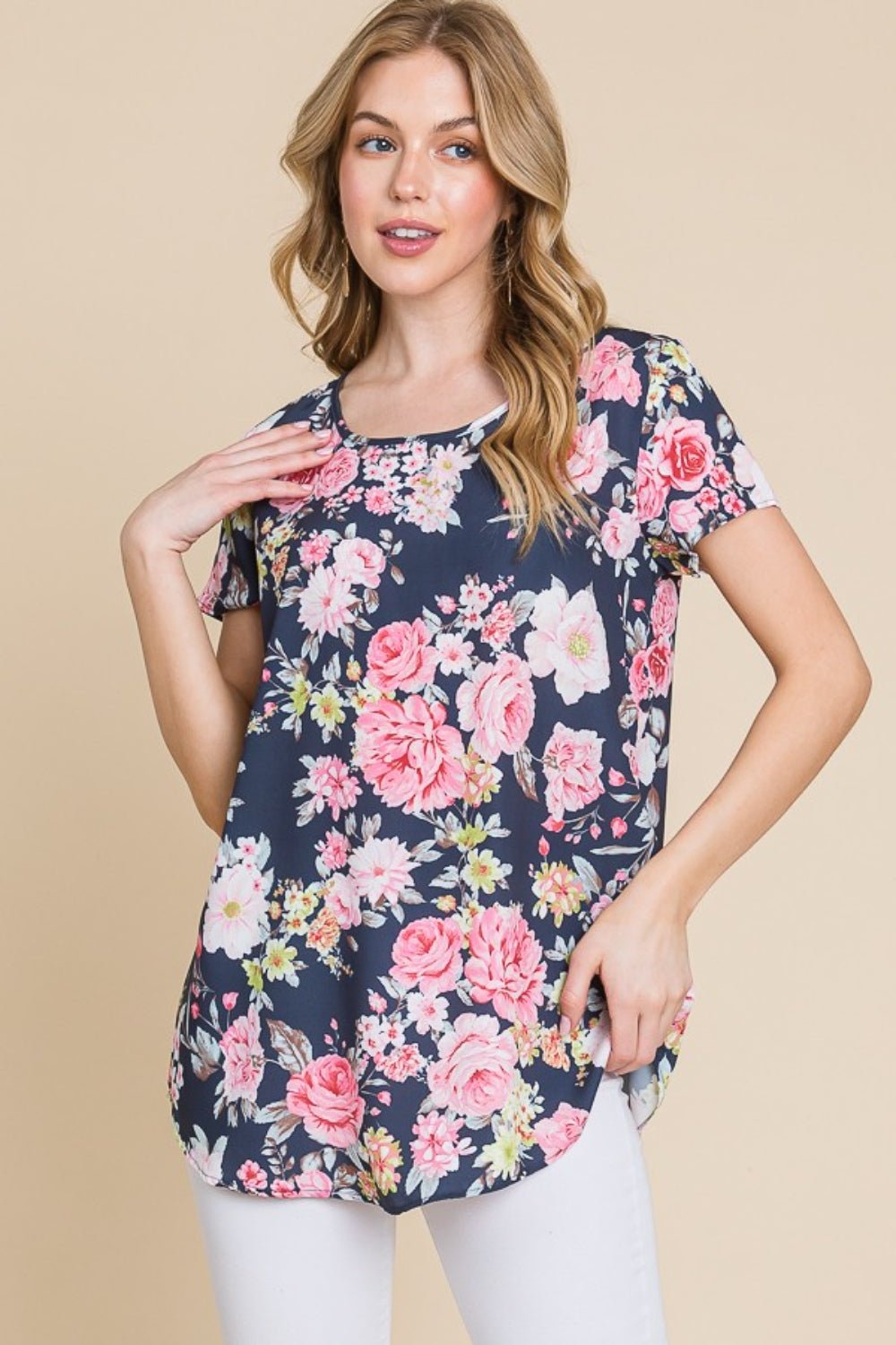 BOMBOM Floral Round Neck Short Sleeve T-Shirt - Runway Regalia