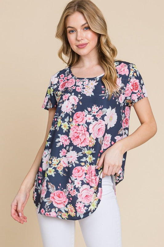 BOMBOM Floral Round Neck Short Sleeve T-Shirt - Runway Regalia