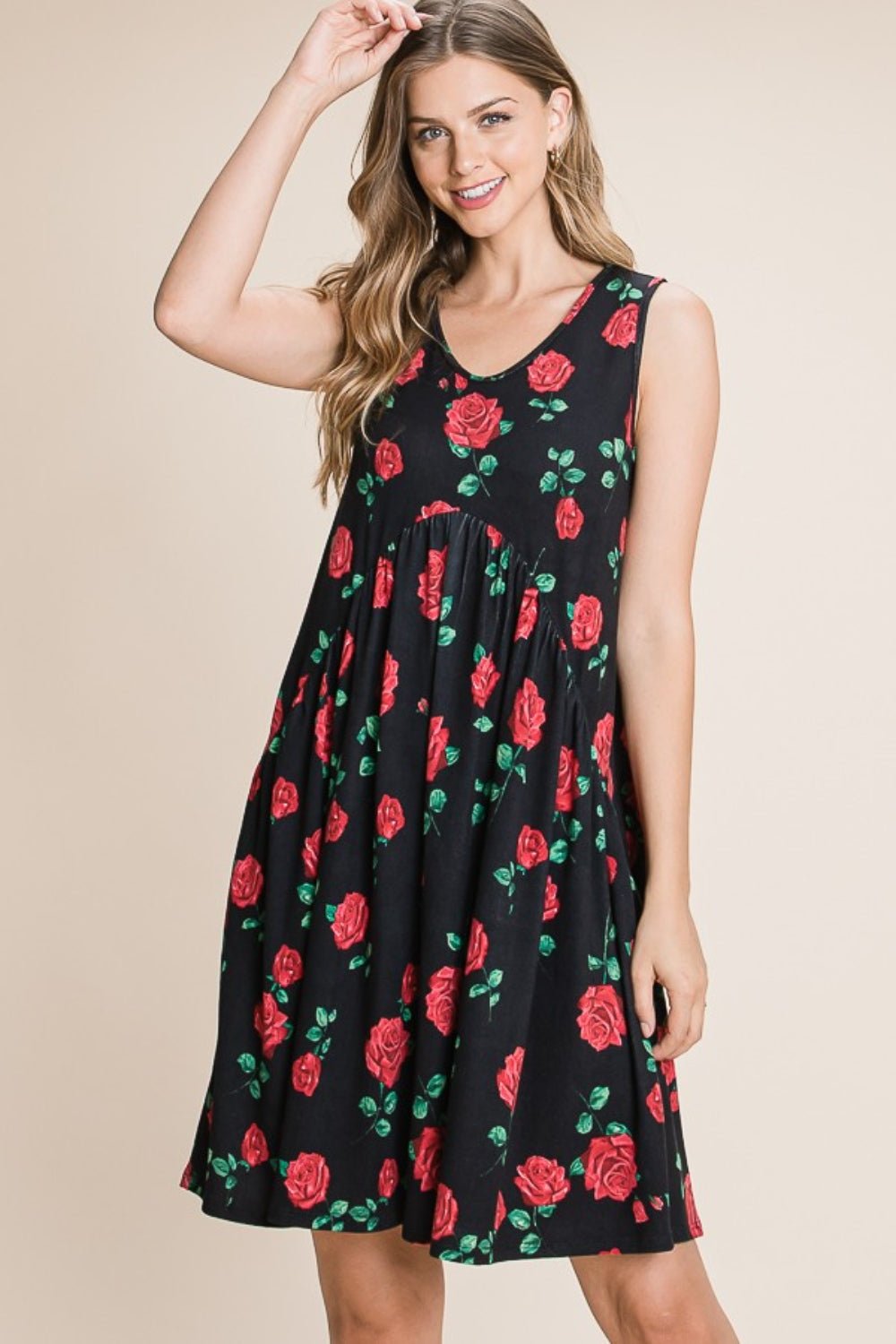 BOMBOM Floral Ruched Tank Dress - Runway Regalia