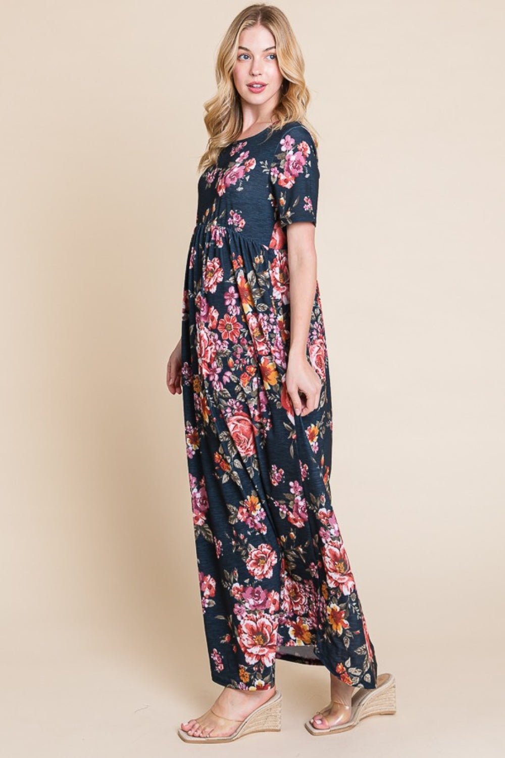 BOMBOM Floral Short Sleeve Maxi Dress - Runway Regalia