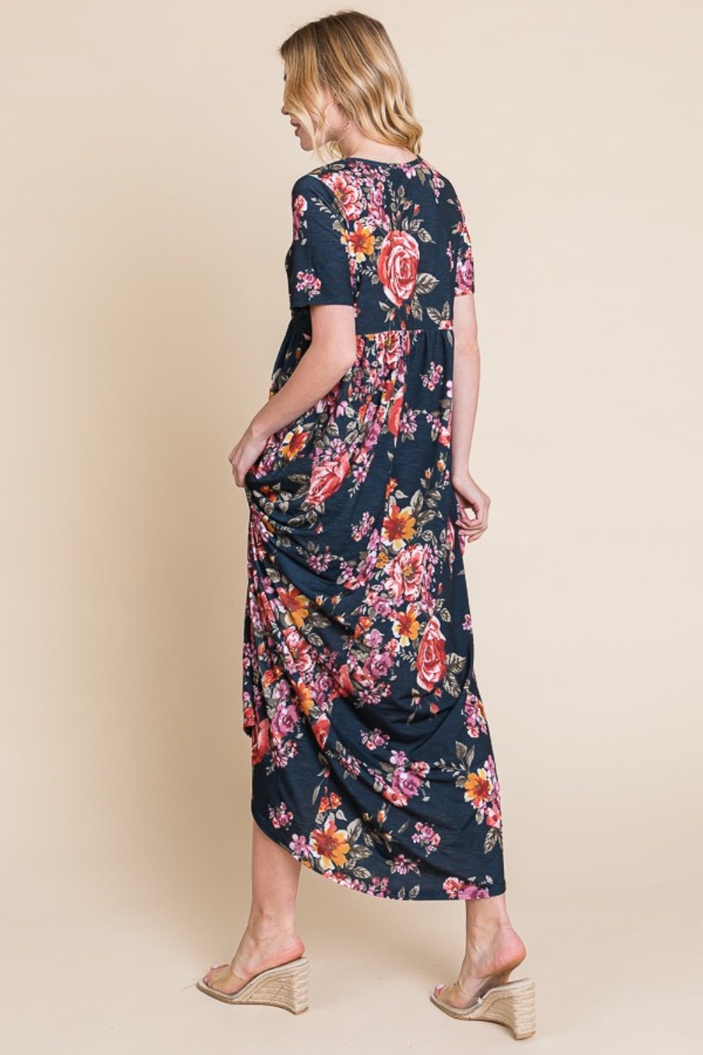 BOMBOM Floral Short Sleeve Maxi Dress - Runway Regalia