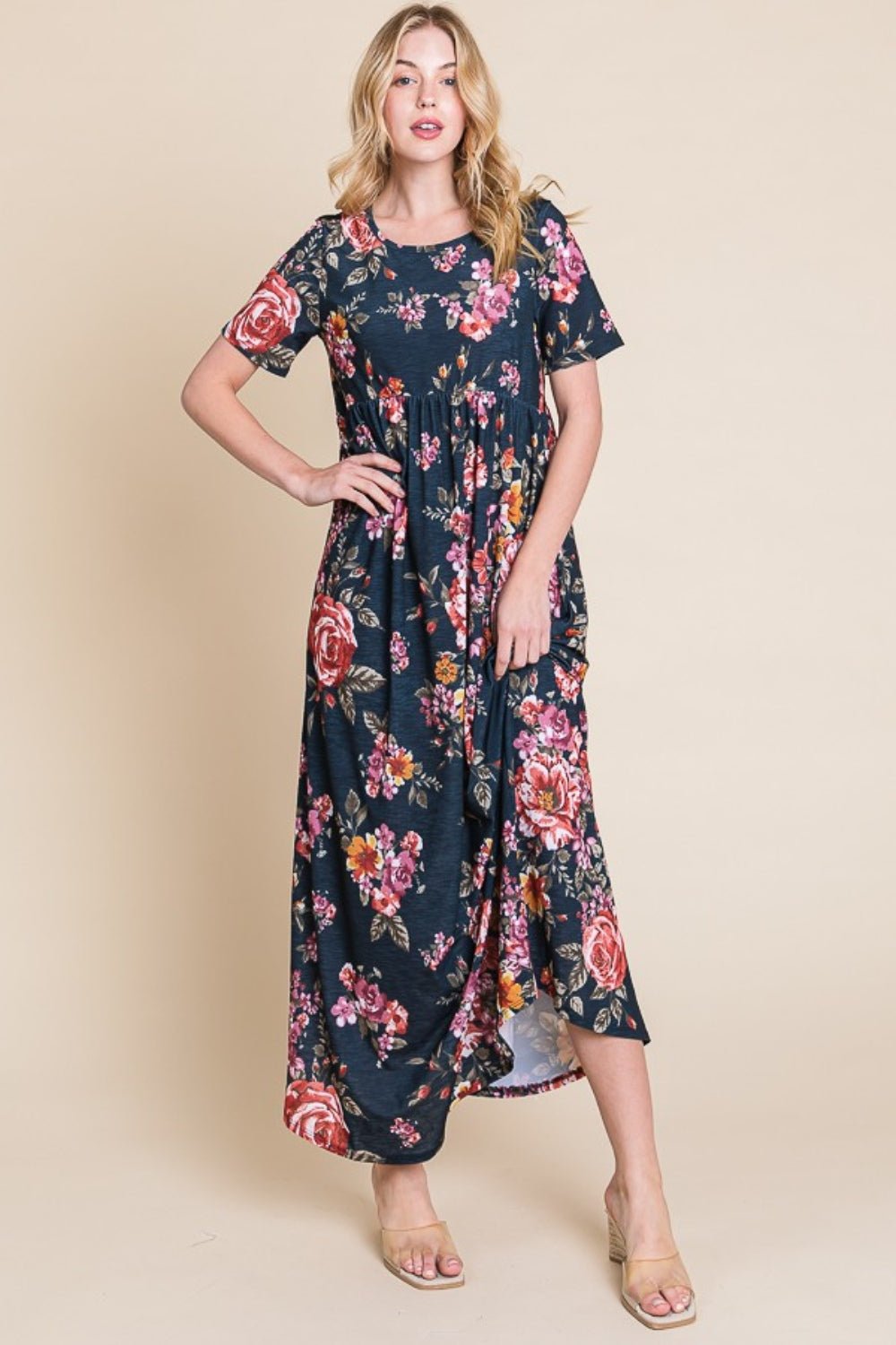 BOMBOM Floral Short Sleeve Maxi Dress - Runway Regalia