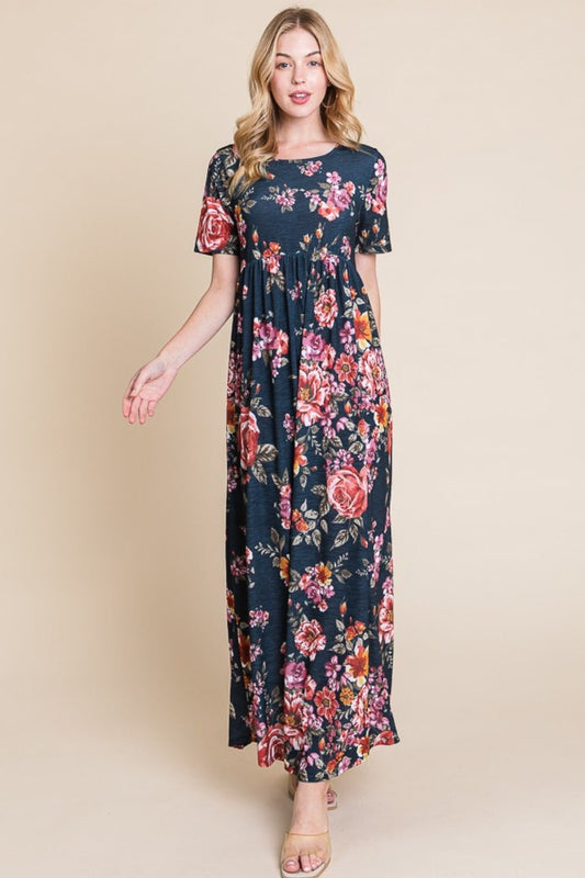 BOMBOM Floral Short Sleeve Maxi Dress - Runway Regalia