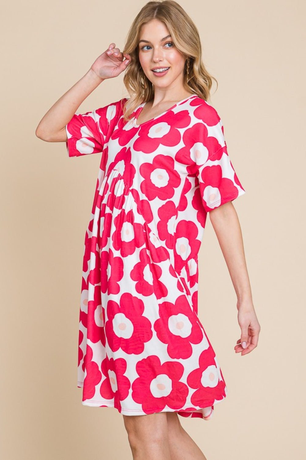 BOMBOM Flower Print Ruched Dress - Runway Regalia