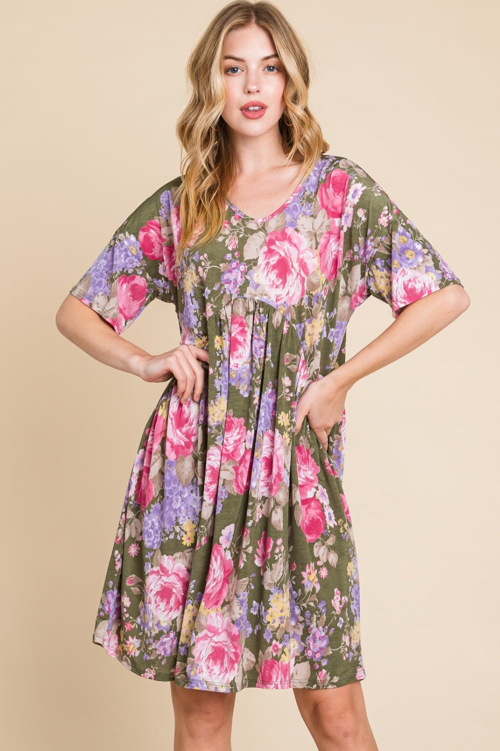 BOMBOM Flower Print V - Neck Ruched Dress - Runway Regalia