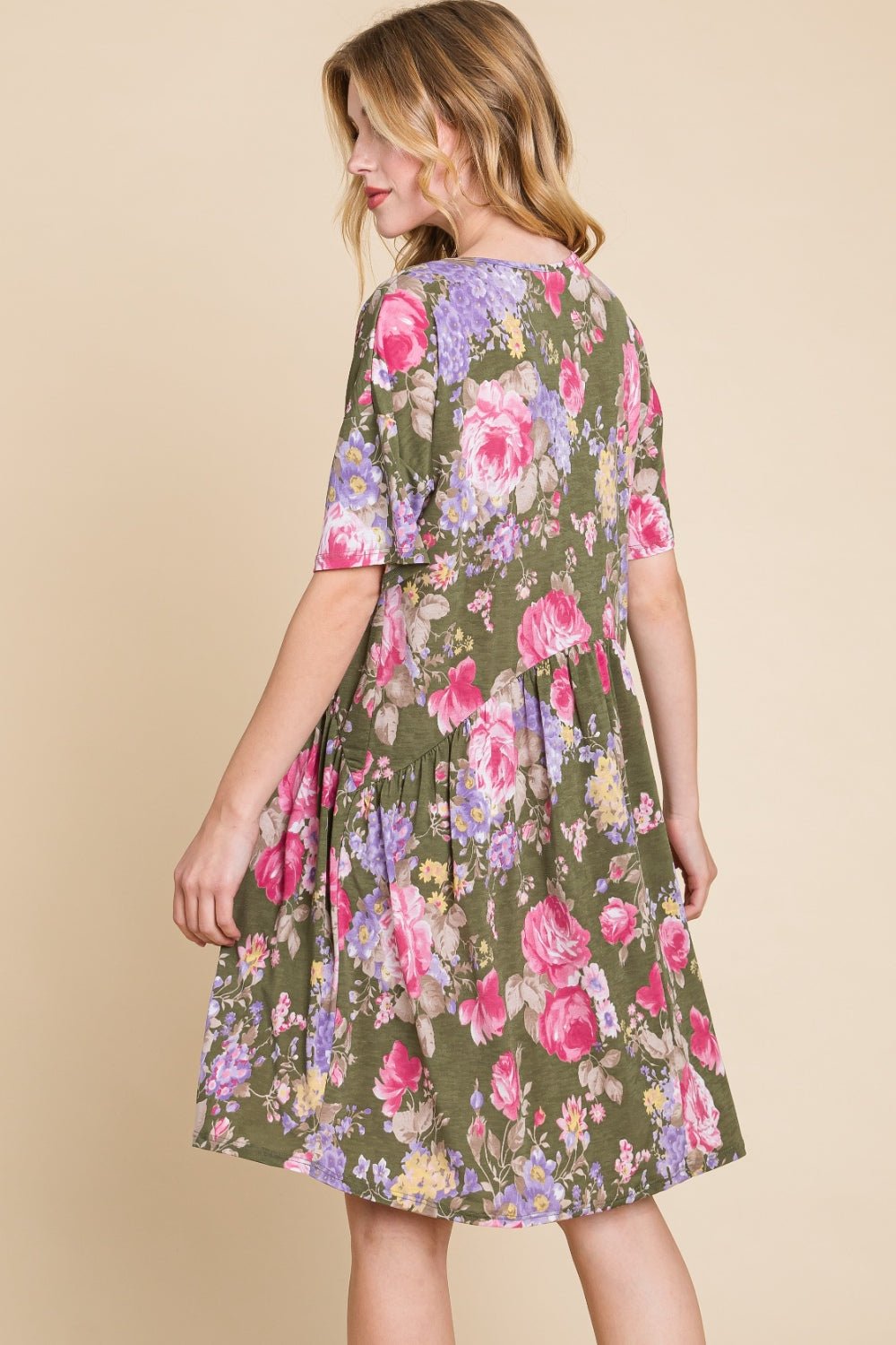 BOMBOM Flower Print V - Neck Ruched Dress - Runway Regalia