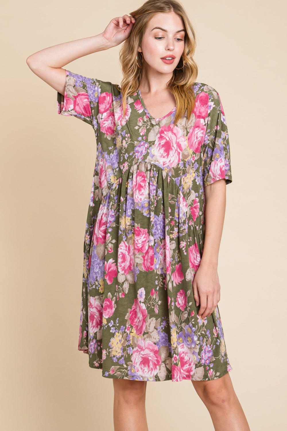 BOMBOM Flower Print V - Neck Ruched Dress - Runway Regalia