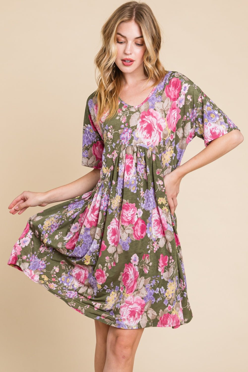 BOMBOM Flower Print V - Neck Ruched Dress - Runway Regalia