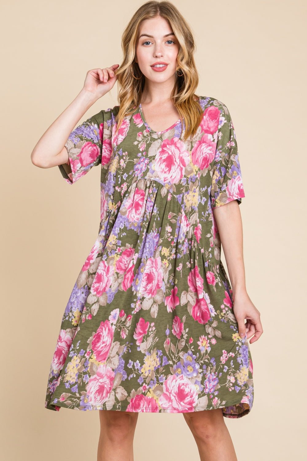 BOMBOM Flower Print V - Neck Ruched Dress - Runway Regalia