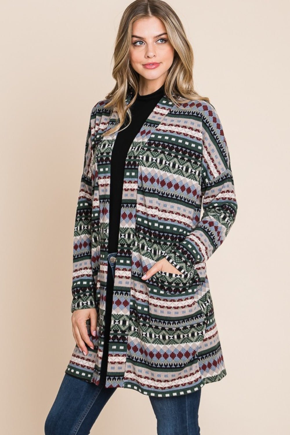 BOMBOM Geometric Open Front Long Sleeve Cardigan with Pockets - Runway Regalia