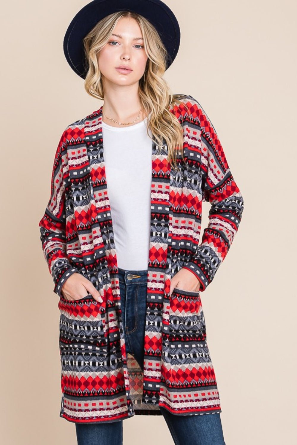 BOMBOM Geometric Open Front Long Sleeve Cardigan with Pockets - Runway Regalia