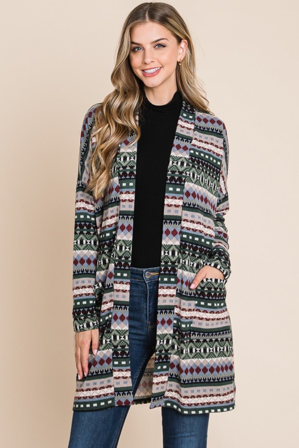 BOMBOM Geometric Open Front Long Sleeve Cardigan with Pockets - Runway Regalia