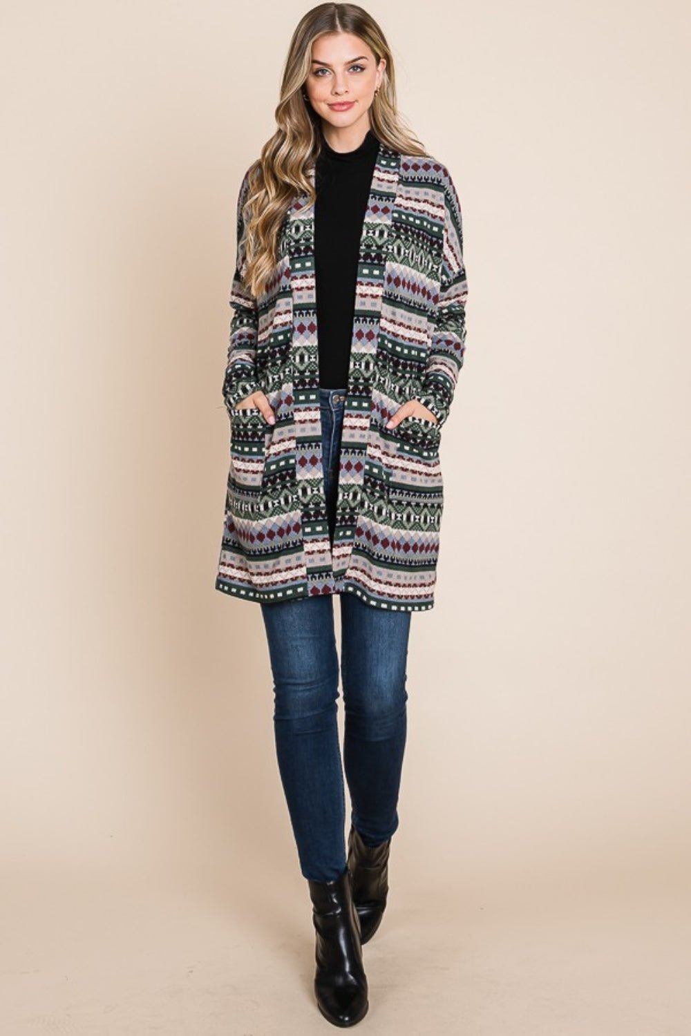 BOMBOM Geometric Open Front Long Sleeve Cardigan with Pockets - Runway Regalia