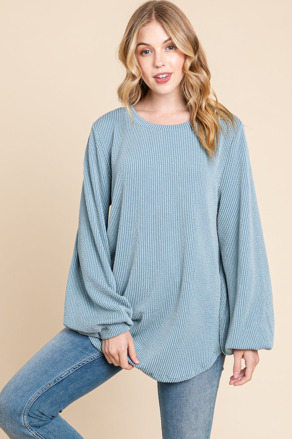 BOMBOM Long Sleeve Curved Hem Ribbed T-Shirt - Runway Regalia