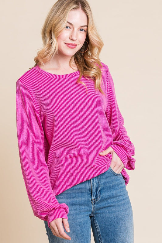 BOMBOM Long Sleeve Curved Hem Ribbed T-Shirt - Runway Regalia