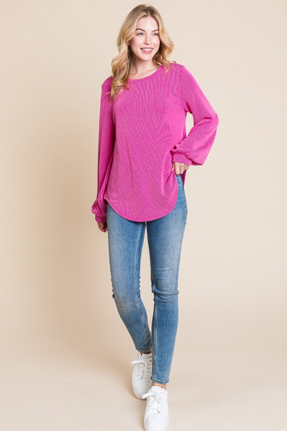 BOMBOM Long Sleeve Curved Hem Ribbed T-Shirt - Runway Regalia