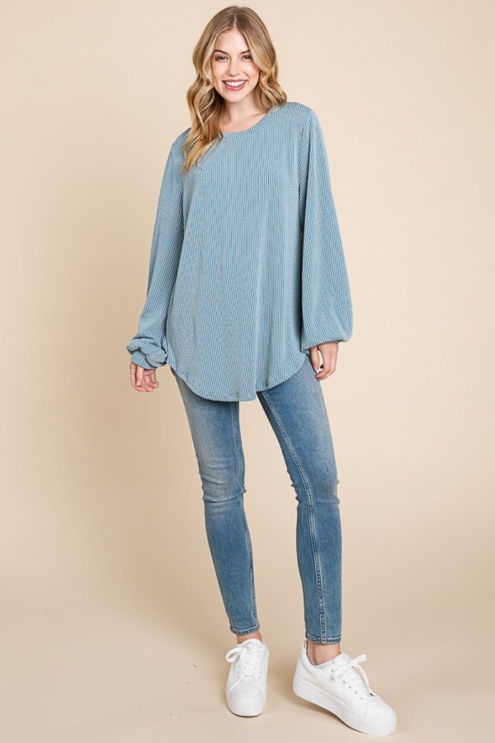 BOMBOM Long Sleeve Curved Hem Ribbed T-Shirt - Runway Regalia