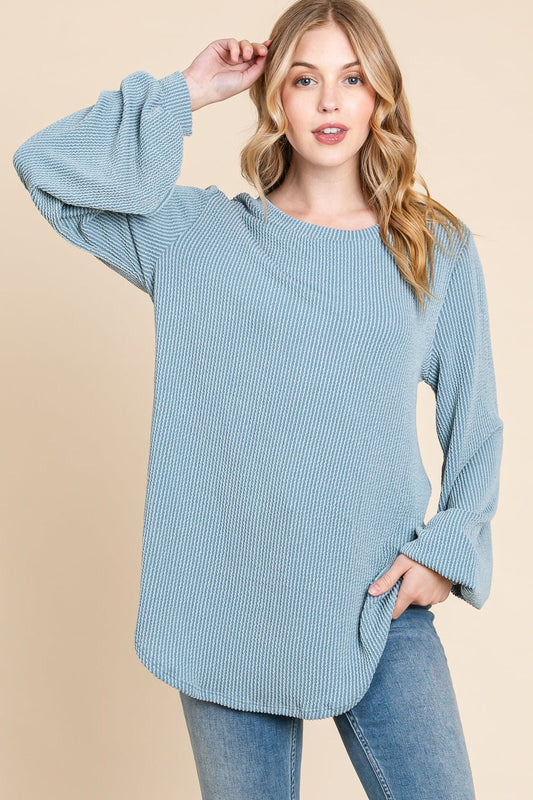 BOMBOM Long Sleeve Curved Hem Ribbed T-Shirt - Runway Regalia