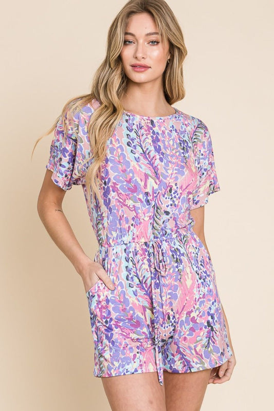 BOMBOM Print Short Sleeve Romper with Pockets - Runway Regalia