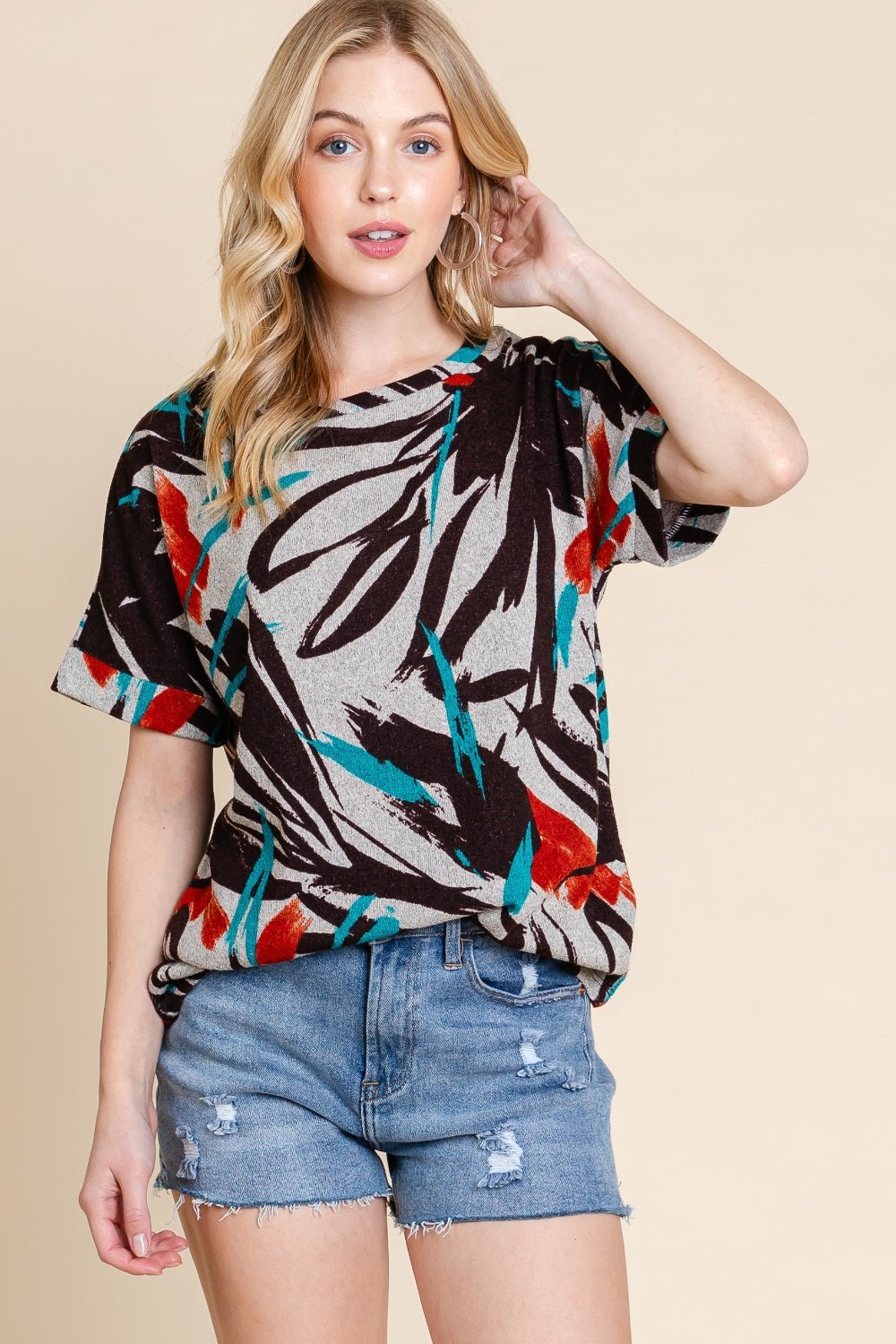 BOMBOM Printed Round Neck Short Sleeve T-Shirt - Runway Regalia