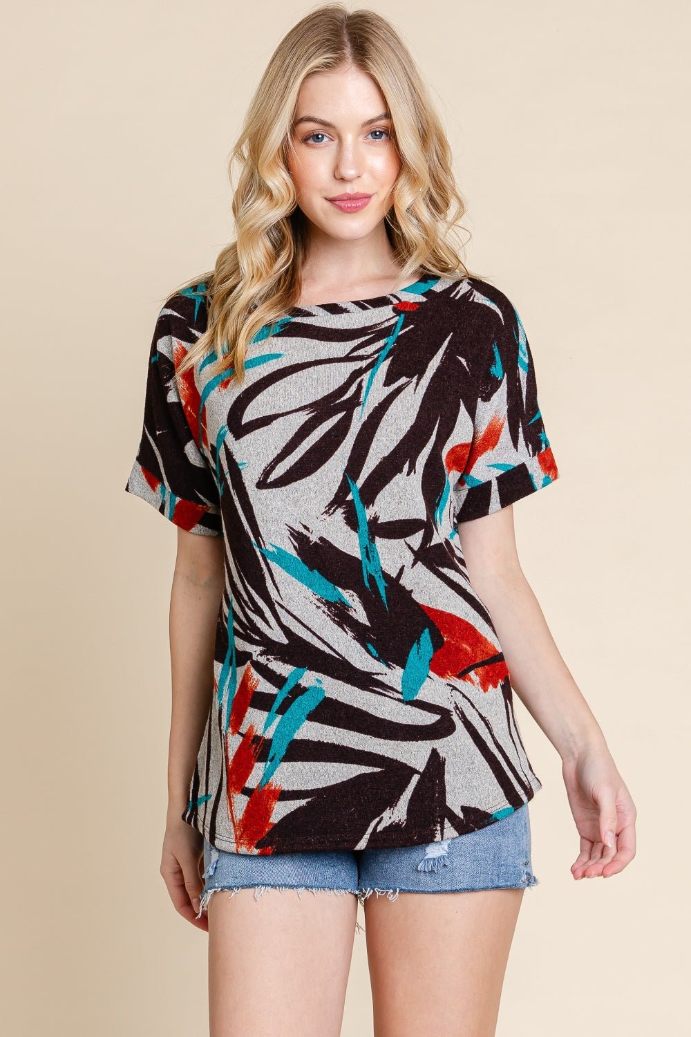 BOMBOM Printed Round Neck Short Sleeve T-Shirt - Runway Regalia