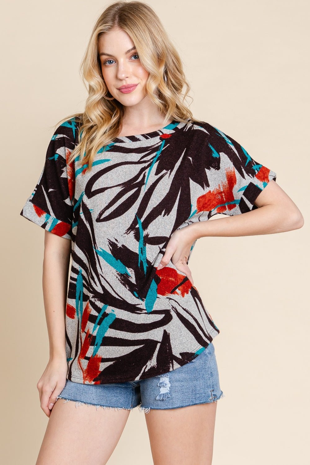 BOMBOM Printed Round Neck Short Sleeve T-Shirt - Runway Regalia