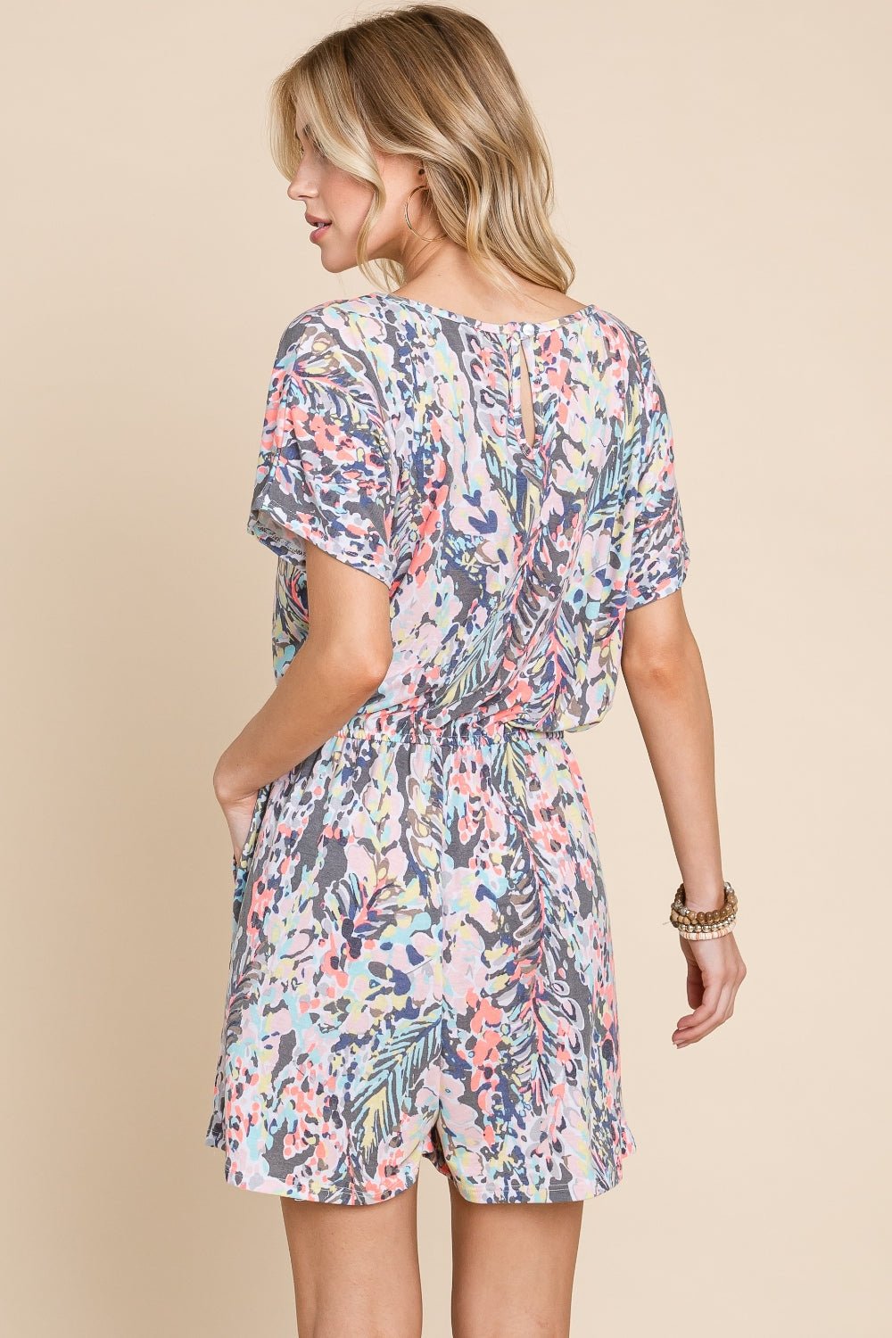 BOMBOM Printed Short Sleeve Drawstring Romper - Runway Regalia