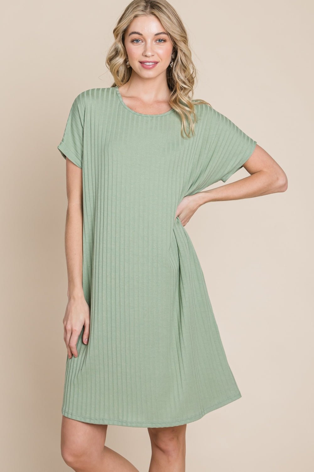 BOMBOM Ribbed Round Neck Short Sleeve Dress - Runway Regalia