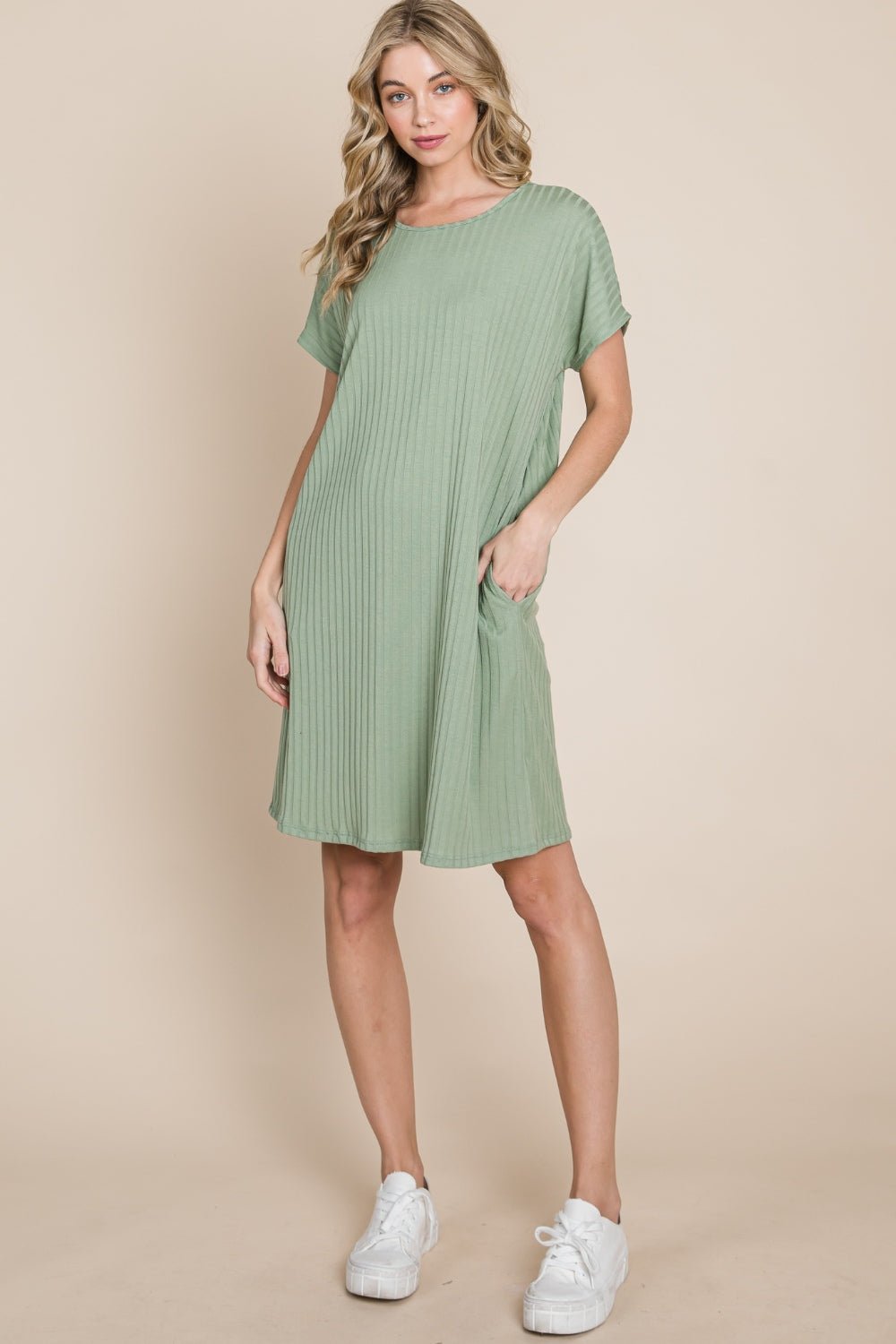 BOMBOM Ribbed Round Neck Short Sleeve Dress - Runway Regalia