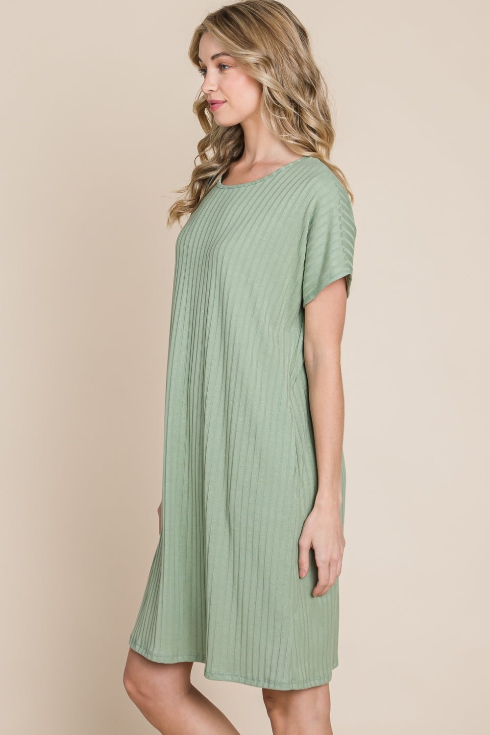 BOMBOM Ribbed Round Neck Short Sleeve Dress - Runway Regalia