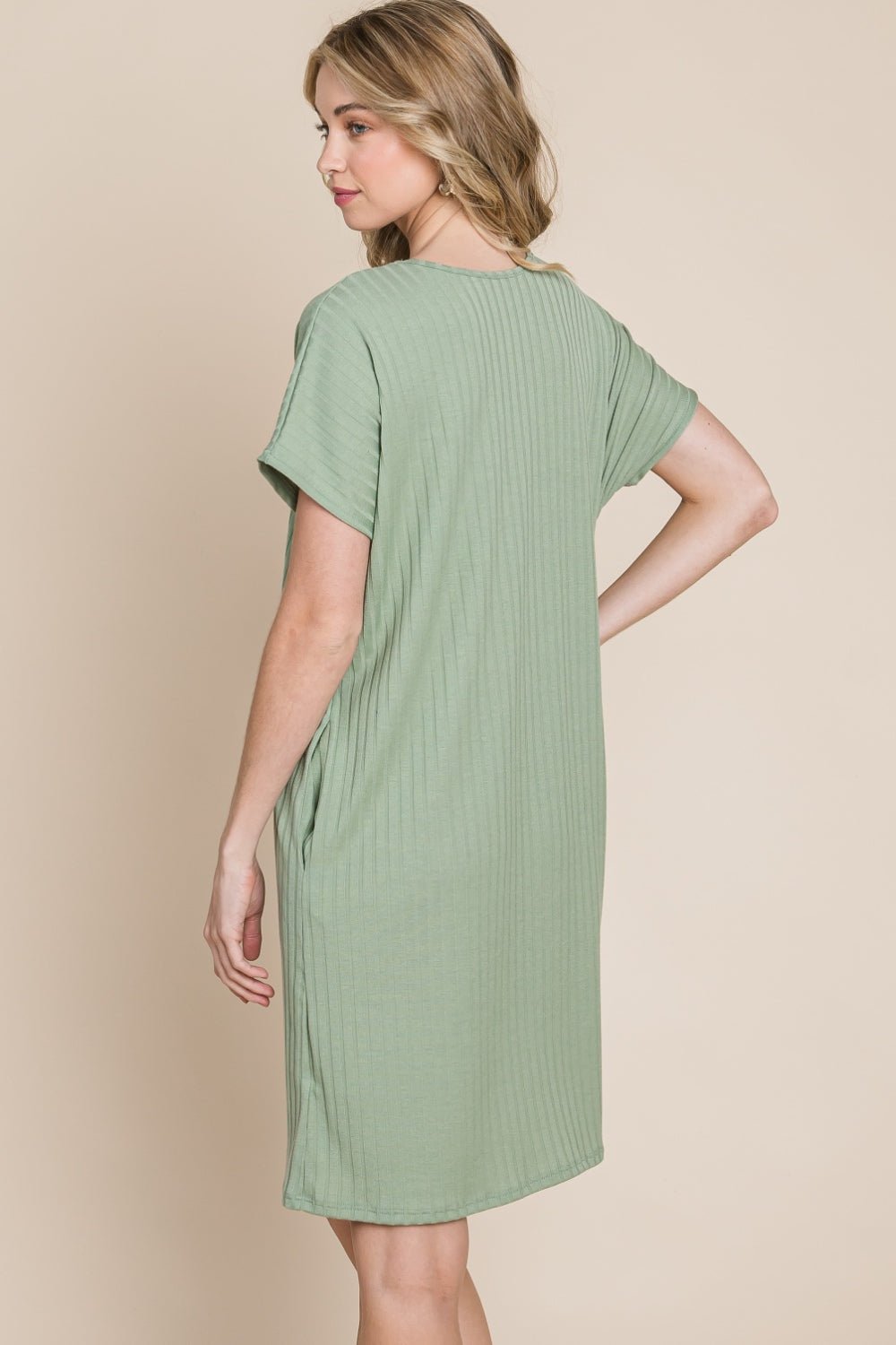 BOMBOM Ribbed Round Neck Short Sleeve Dress - Runway Regalia