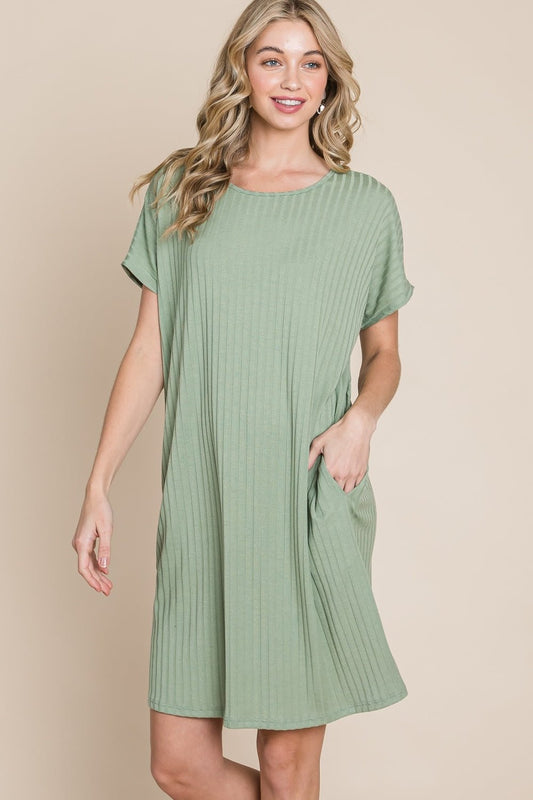 BOMBOM Ribbed Round Neck Short Sleeve Dress - Runway Regalia