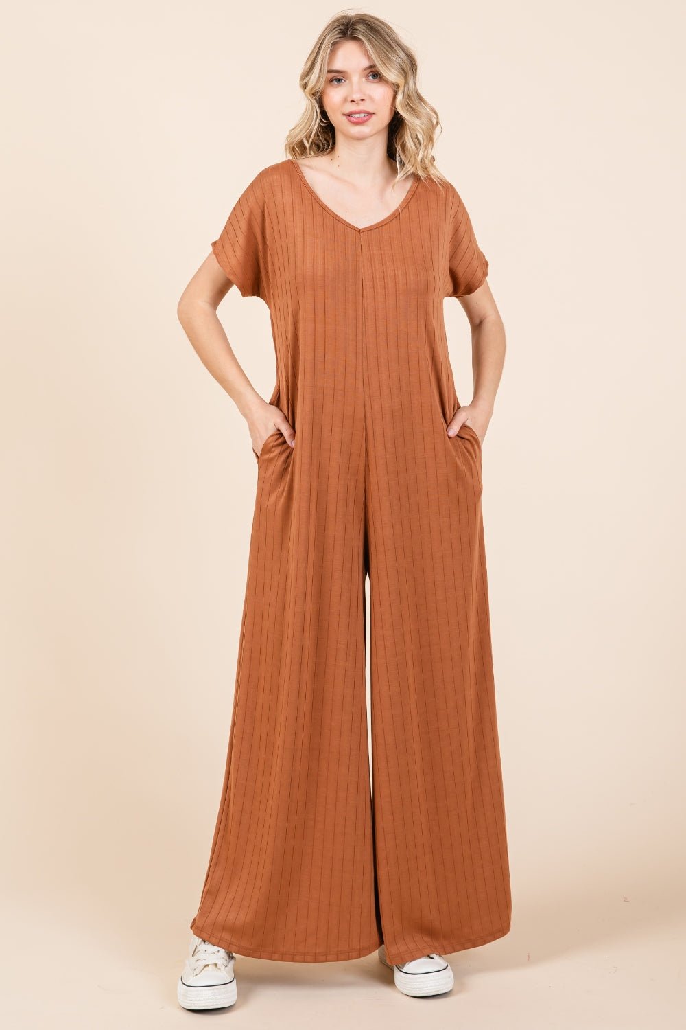 BOMBOM Ribbed Short Sleeve Wide Leg Jumpsuit - Runway Regalia