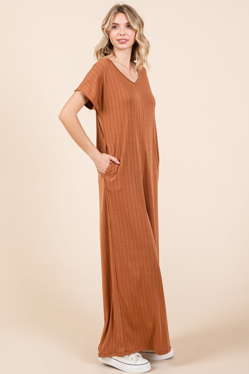 BOMBOM Ribbed Short Sleeve Wide Leg Jumpsuit - Runway Regalia