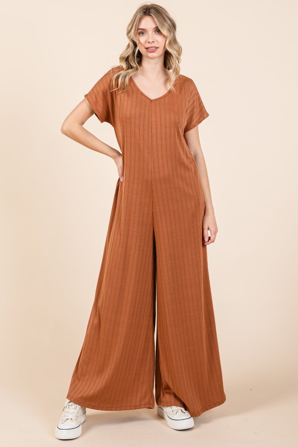 BOMBOM Ribbed Short Sleeve Wide Leg Jumpsuit - Runway Regalia