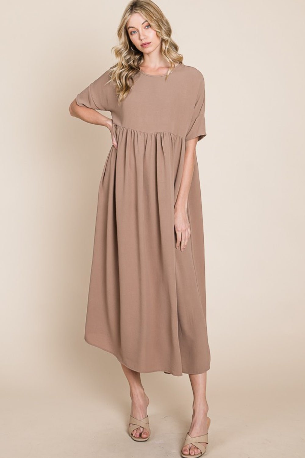 BOMBOM Round Neck Ruched Midi Dress - Runway Regalia