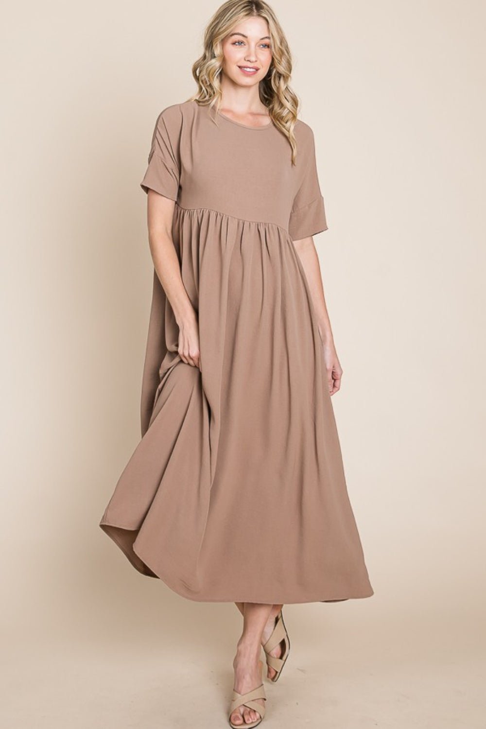 BOMBOM Round Neck Ruched Midi Dress - Runway Regalia