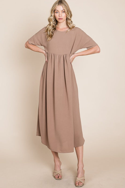 BOMBOM Round Neck Ruched Midi Dress - Runway Regalia