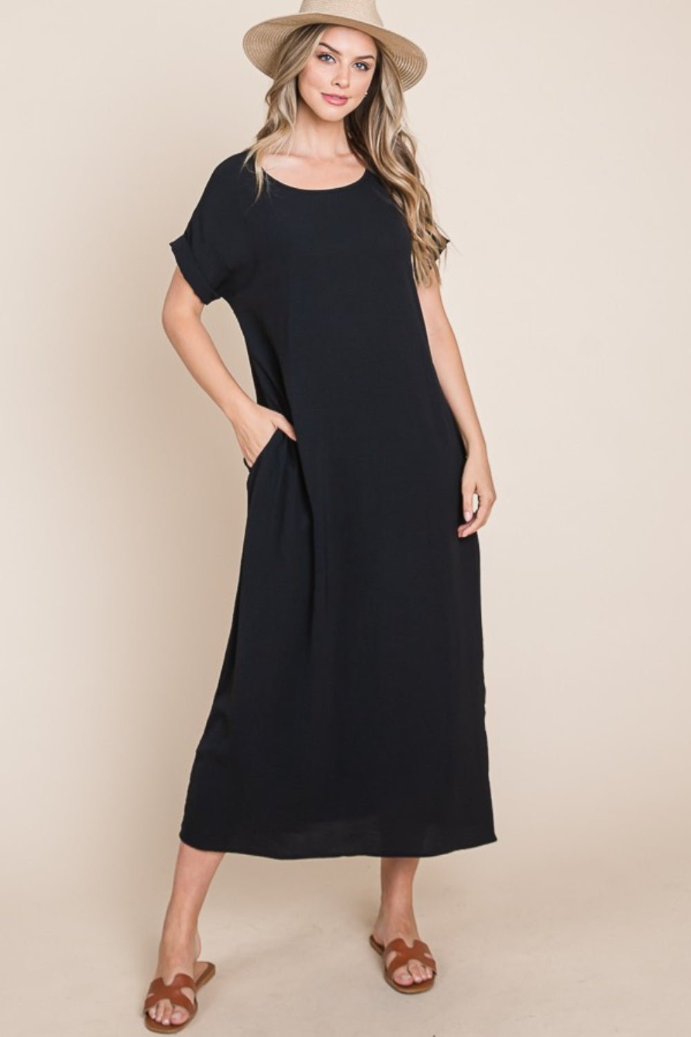 BOMBOM Round Neck Short Sleeve Midi Dress with Pockets - Runway Regalia