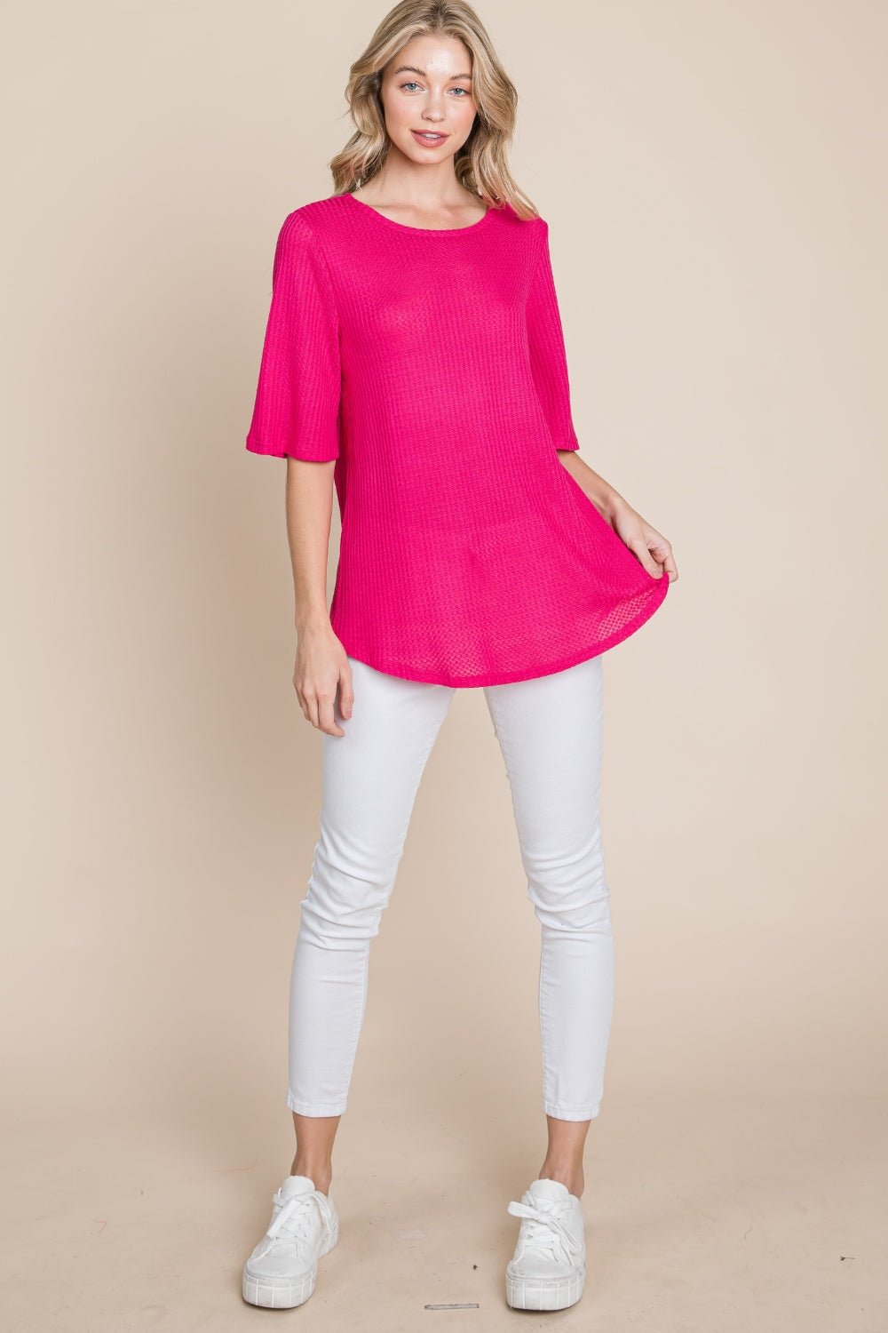 BOMBOM Round Neck Waffle Knit T-Shirt - Runway Regalia