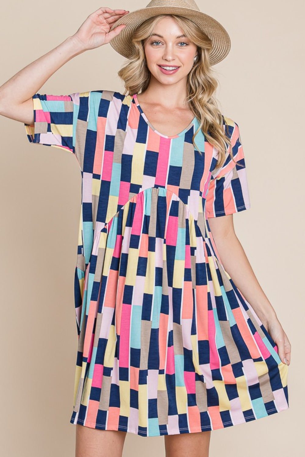 BOMBOM Ruched Color Block Short Sleeve Mini Dress - Runway Regalia