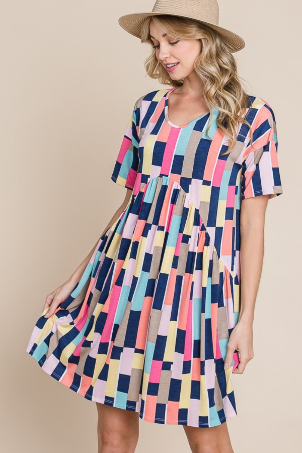 BOMBOM Ruched Color Block Short Sleeve Mini Dress - Runway Regalia