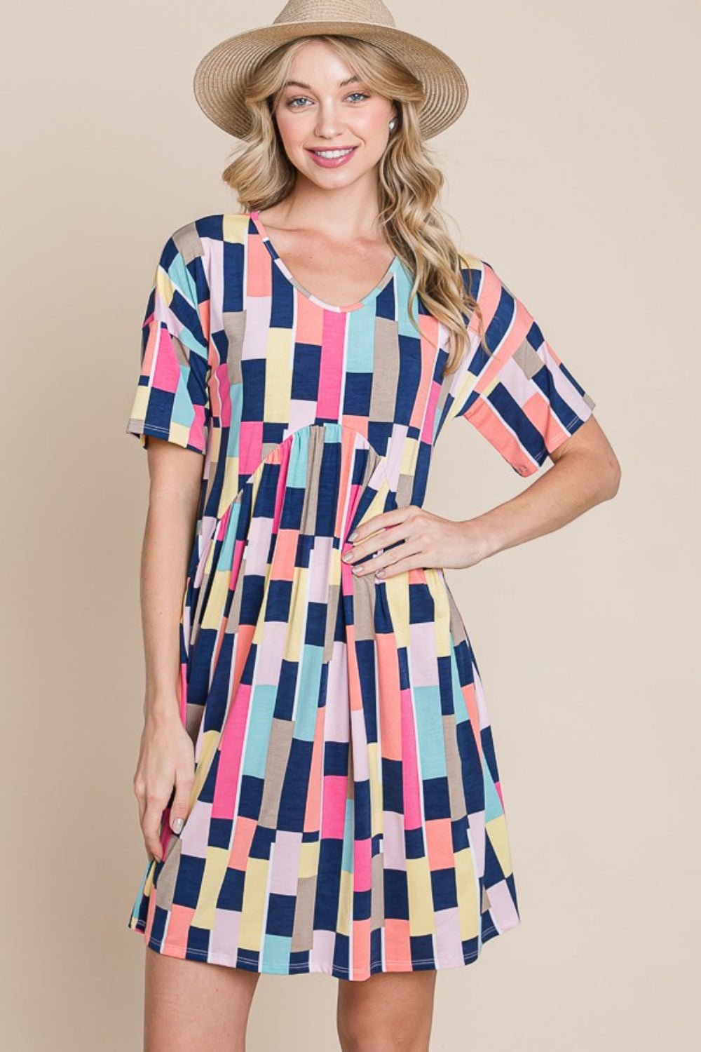 BOMBOM Ruched Color Block Short Sleeve Mini Dress - Runway Regalia