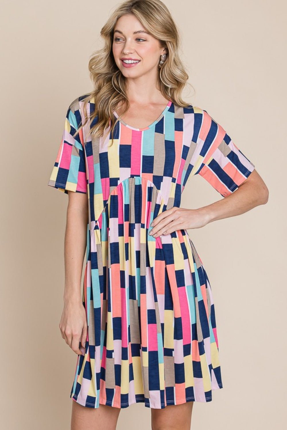 BOMBOM Ruched Color Block Short Sleeve Mini Dress - Runway Regalia